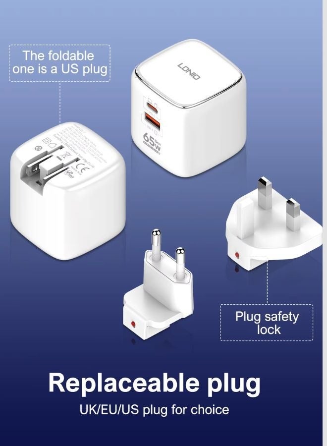 LDNIO 65W GaN Super Fast Charger with Dual Ports – USB-C PD 45W + USB-A QC 20W, Compact Foldable Travel Adapter with Replaceable plug US/EU/UK Plugs, Supports PD3.0, QC3.0, VOOC, SCP, FCP for Laptop, iPhone, Samsung, Huawei, and More - Image 1